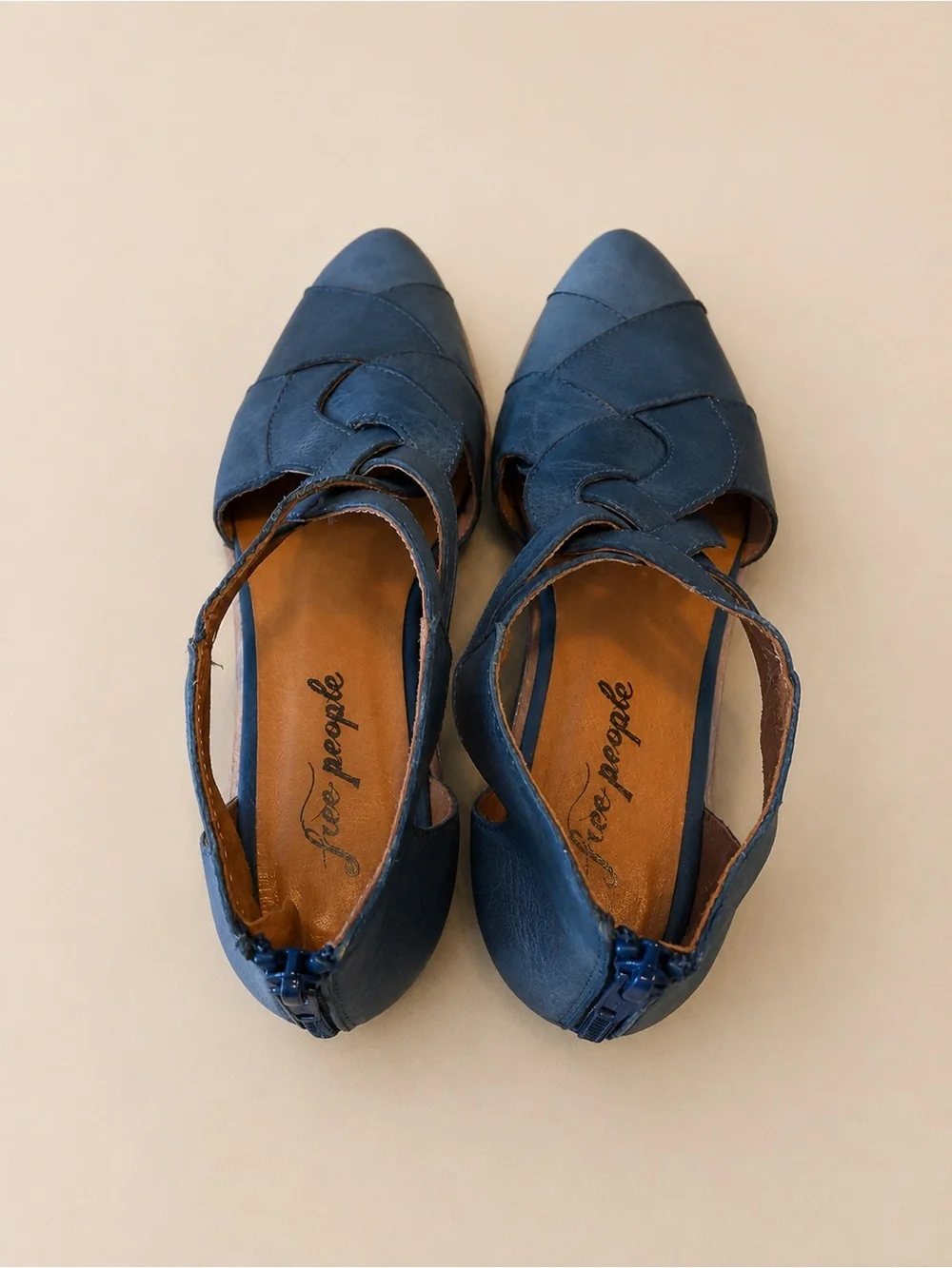Free People Leather Cutout Flats Blue Pointed Toe Boho Shoes EU 39 US 8.5